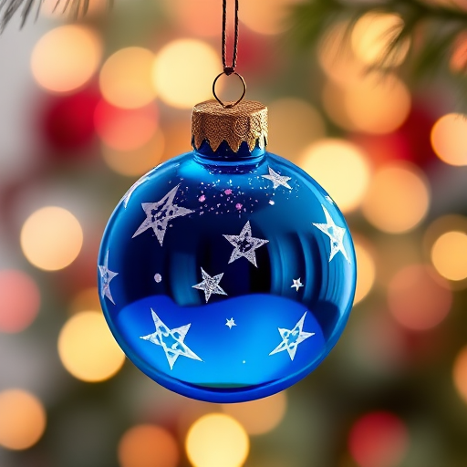Create a highly detailed and vibrant illustration of a blue Christmas ornament with white stars, hanging against a softly blurred festive background, using a DSLR camera, 50mm lens, f/2.8 aperture, ISO 100, and a shallow depth of field to enhance the image quality.