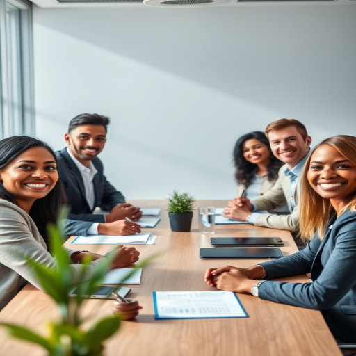 Generate a professional business meeting scene with six diverse professionals sitting around a conference table, capturing smiles and engagement, with a shallow depth of field, 50mm lens, f/2.8 aperture, ISO 200, shot in natural light for clarity and warmth.