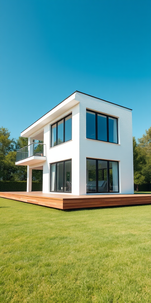 Generate an architectural render of a modern white house with large windows, surrounded by greenery and a wooden deck, under a clear blue sky, using a DSLR camera, aperture f/8, ISO 100, 24mm focal length, shot in daylight with a wide-angle view to capture the surroundings.