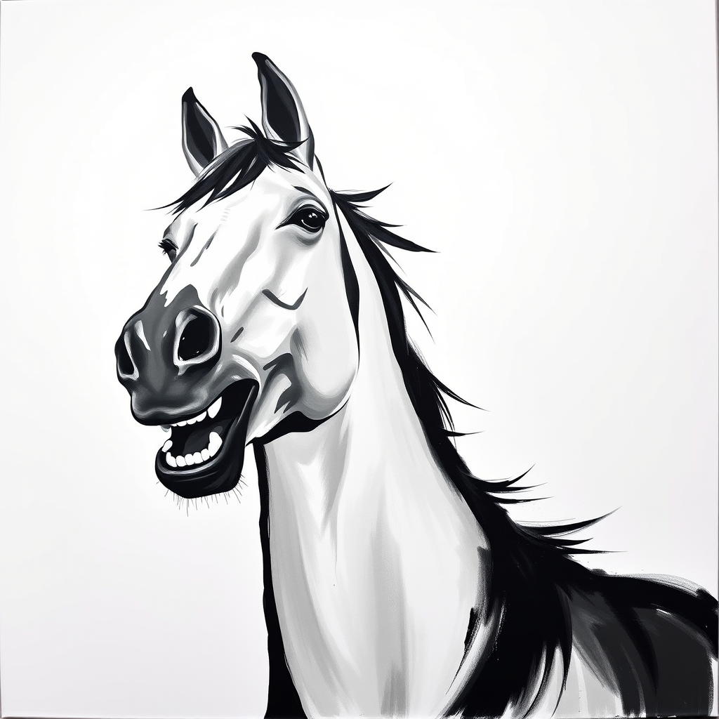 Abstract black and white acrylic portrait of an over exaggerated laughing (horse). Minimalism style. White background.