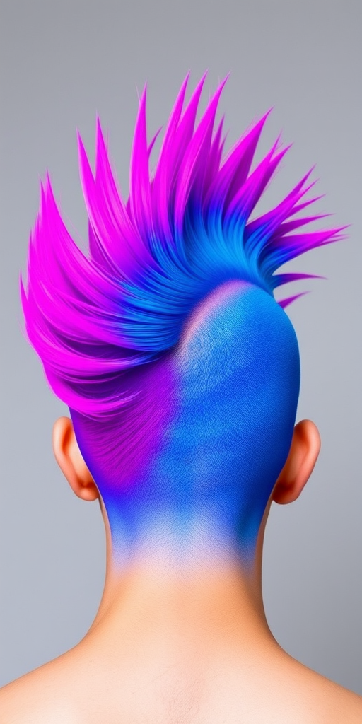 Striking Neon Unicorn Mohawk with electric blue base color fading into vivid purple and hot pink streaks, styled into a dramatic upswept crest for a fierce and eye-catching look