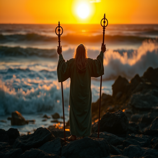 Create an image of a wise figure with a staff standing on rocky terrain, arms raised toward a parting sea with dramatic waves, illuminated by a golden sunset, using a DSLR camera with a 50mm lens, aperture f/1.8, ISO 100,backlit for dramatic contrast, shot in high resolution for enhanced quality.