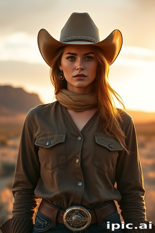 Dramatic photo of a beautiful Western American woman, classic cowboy attire, confident and free spirit expression, half-length portrait, centered, golden hour desert landscape, warm, diffused light, low angle, medium format film camera, in style of Annie Leibovitz.