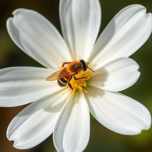 macro shot of a white flower with a bee on it, natural lighting, f/2.8 aperture, 1/200 sec shutter speed, ISO 100, 100mm macro lens, top-down view, DSLR camera, high resolution
