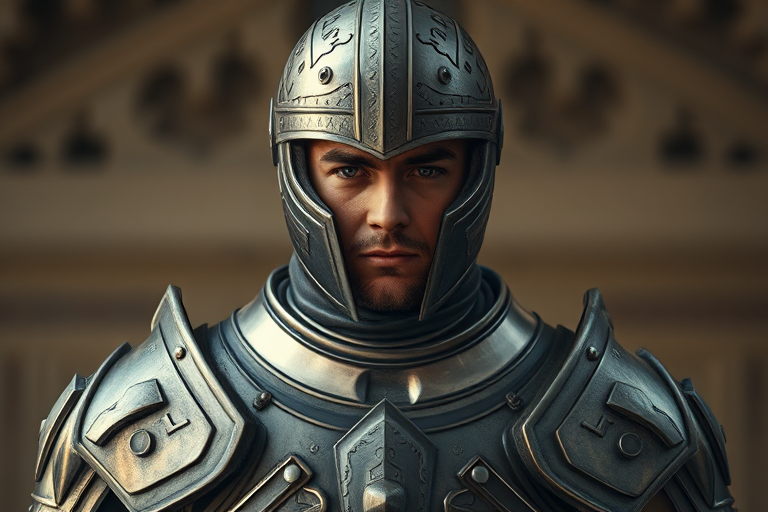 RAW photo, a candid full body hero shot from the front of a male 30 year old warrior wearing a shiny knight armor with a helmet made out of fractals, 8k uhd, dslr, soft lighting, high quality, film grain, Fujifilm XT3
