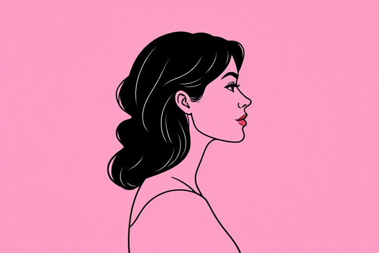 Create a minimalist line art illustration of a woman in profile against a solid pastel background, using a Canon EOS R5 with a 50mm f/1.2 lens, aperture set to f/2.8, ISO 100, and a soft focus effect for smooth skin tones and gentle color gradients.