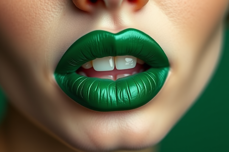 Enchanting emerald green lips captivate with their rich jewel tone, boasting a satiny finish that adds depth and intrigue to the unusual color