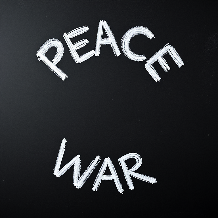 Create an image of the words "Peace" and "War" alternating in a circular pattern on a black chalkboard background, using a DSLR camera with a 50mm lens, aperture set to f/1.8, shutter speed at 1/125s, ISO 200, shot from an eye-level angle to enhance clarity and texture of the chalk.