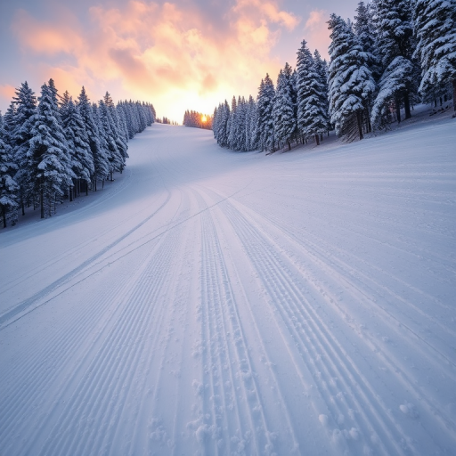Wide-angle shot of a snowy ski slope with freshly groomed runs, emphasizing the textured snow and surrounding trees, taken with a DSLR camera at f/8, 1/250s, ISO 200, during golden hour for warm light.