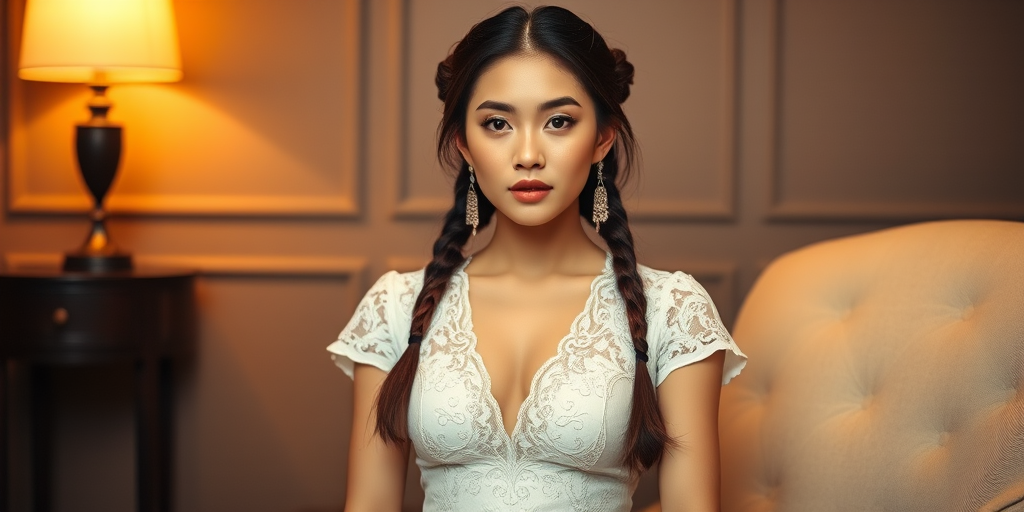 Create a portrait of a refined and elegant Chinese woman seated in a sophisticated setting. She has long, wavy hair styled in two thick braids that are pulled over her shoulders. She wears a white, lace gown with intricate patterns, featuring a deep V-neckline and short sleeves. The dress exudes a vintage charm with its delicate lacework. She is adorned with ornate, dangling earrings that add a touch of glamour to her appearance. The background is softly lit, with warm, ambient lighting that creates a cozy and inviting atmosphere. Her expression is poised and serene, capturing a sense of grace and elegance.