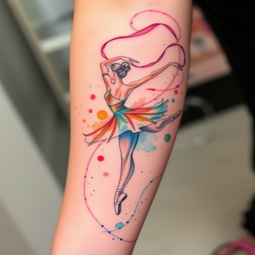 Ethereal watercolor tattoo depicting a graceful ballet dancer in motion, with flowing ribbons and abstract splashes of color creating a sense of movement and elegance