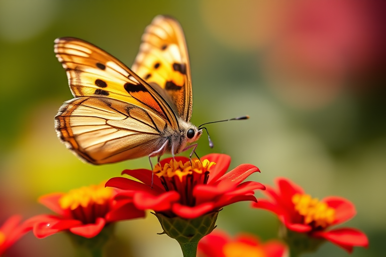 macro shot of a butterfly feeding on vibrant red flowers with a shallow depth of field, 100mm lens, f/2.8 aperture, ISO 200, 1/250 sec, natural light, DSLR camera