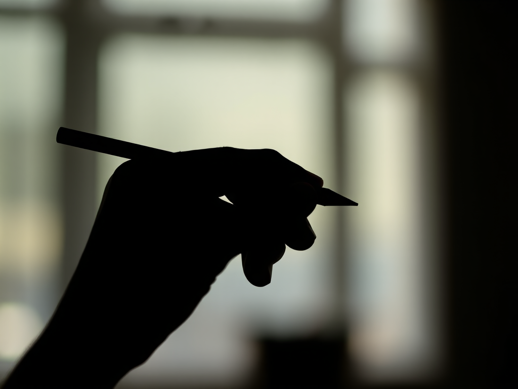 Generate a high-quality image of a stylized black silhouette of a hand holding a pencil, captured with a Canon EOS R5 at f/2.8, ISO 100, 1/200 sec, in a close-up view with soft lighting and a slightly blurred background.