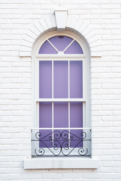 Create a high-resolution image of a classic window with an arched top, featuring a pastel purple pane, ornate ironwork beneath, set against a textured white brick wall, shot with a DSLR camera at f/2.8 aperture, ISO 100, in natural light to enhance the colors and details.