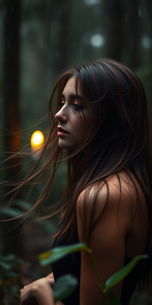 A serene woman with flowing hair in a rain-soaked forest, soft lighting with a glowing candle in the background, captured with a Canon EOS R5, 50mm lens, f/1.8 aperture, ISO 100, shutter speed 1/200, shallow depth of field for a dreamy effect.