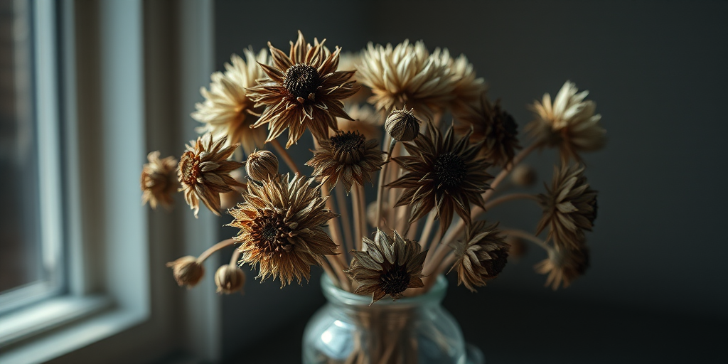still life of dried flowers in a glass vase with soft light highlighting the texture, shot with a Canon EOS R5, 50mm f/1.8 lens, aperture f/2.8, ISO 100, shutter speed 1/125s, using natural light for a moody atmosphere