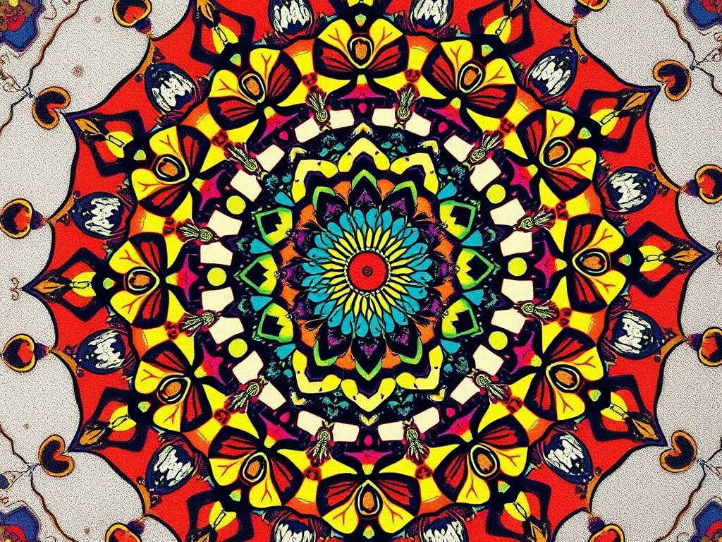 Create a vibrant, intricate mandala pattern featuring colorful circular designs and floral motifs with a macro lens, f/2.8 aperture, 1/60s shutter speed, 100 ISO, taken from a bird's-eye view in natural light with a DSLR camera for enhanced detail and depth.