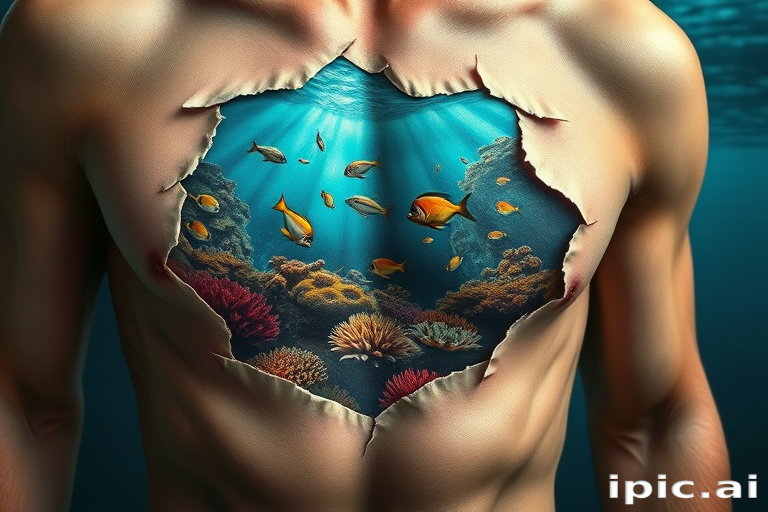 Hyper-realistic 3D tattoo entitled "Living Canvas" depicting a trompe l'oeil effect of torn or peeled skin revealing a vivid underwater scene beneath complete with coral reefs tropical fish and shimmering water rendered in exquisite detail with advanced shading techniques creating the illusion of depth and texture so lifelike it appears as if the skin has truly been transformed into a window to another world