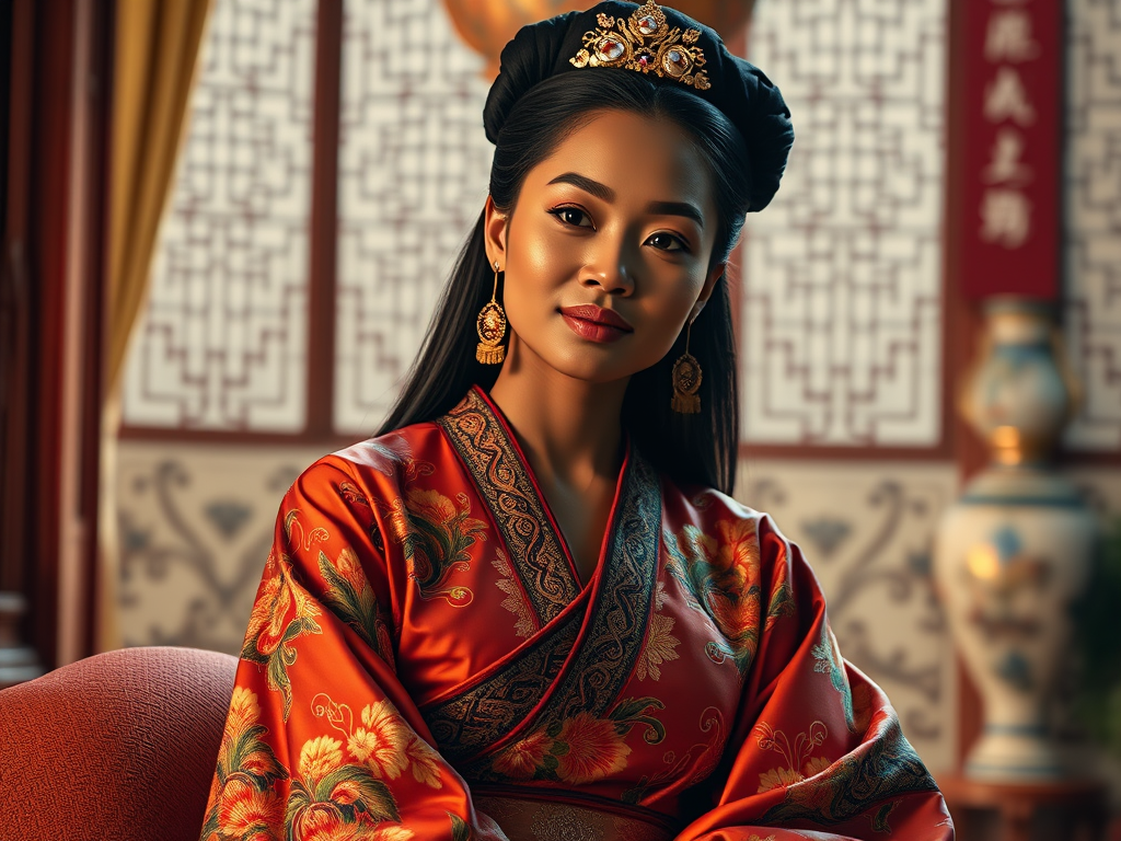 A beautiful Afro-Caribbean woman in traditional East Asian attire, intricately detailed with embroidered patterns, sitting gracefully in a richly decorated room, soft ambient lighting, serene and elegant, ultra-realistic, 8K resolution