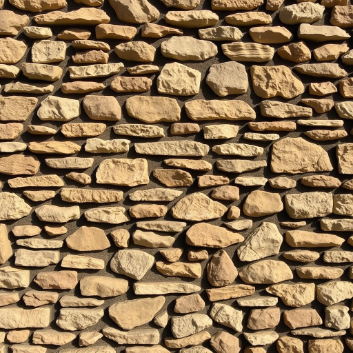 Generate a high-resolution image of a textured stone wall with varied sizes and colors of stones, taken with a DSLR camera at f/8 aperture, ISO 100, 1/125 sec exposure, in natural light, using a wide-angle lens to capture the entire wall, ensuring sharpness and depth of field.