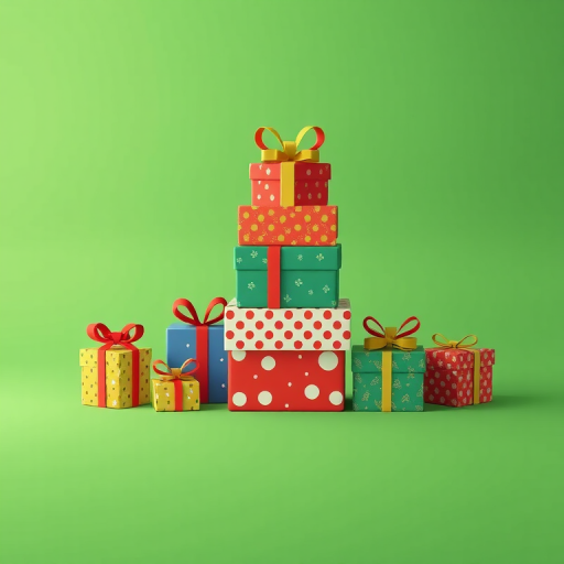 Create a vibrant illustration of a whimsical stack of Christmas presents in various colors and patterns on a soft green background, using a Canon EOS R5 with a 50mm lens, f/4 aperture, ISO 100, shot from a straight-on perspective to emphasize depth and detail.