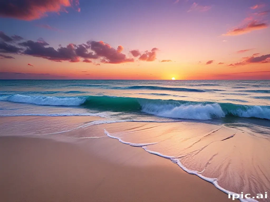 Serene Sunset Over Calm Ocean Waves and Sandy Beach Shoreline
