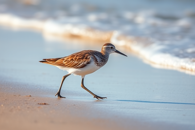 a shorebird walking along the beach with gentle waves in the background, shallow depth of field, 135mm lens, aperture f/2.8, ISO 100, natural lighting, shot in bright daylight, DSLR camera, close-up view