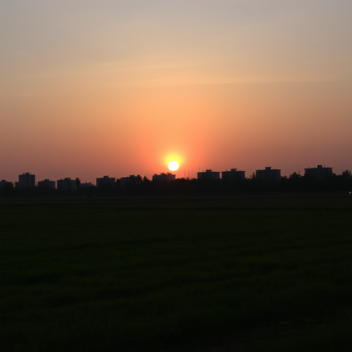 Landscape of a sunset over a field with urban buildings in the background, captured with a DSLR camera at f/8, ISO 200, 1/100 sec, with a wide-angle lens and a low angle view for enhanced depth.