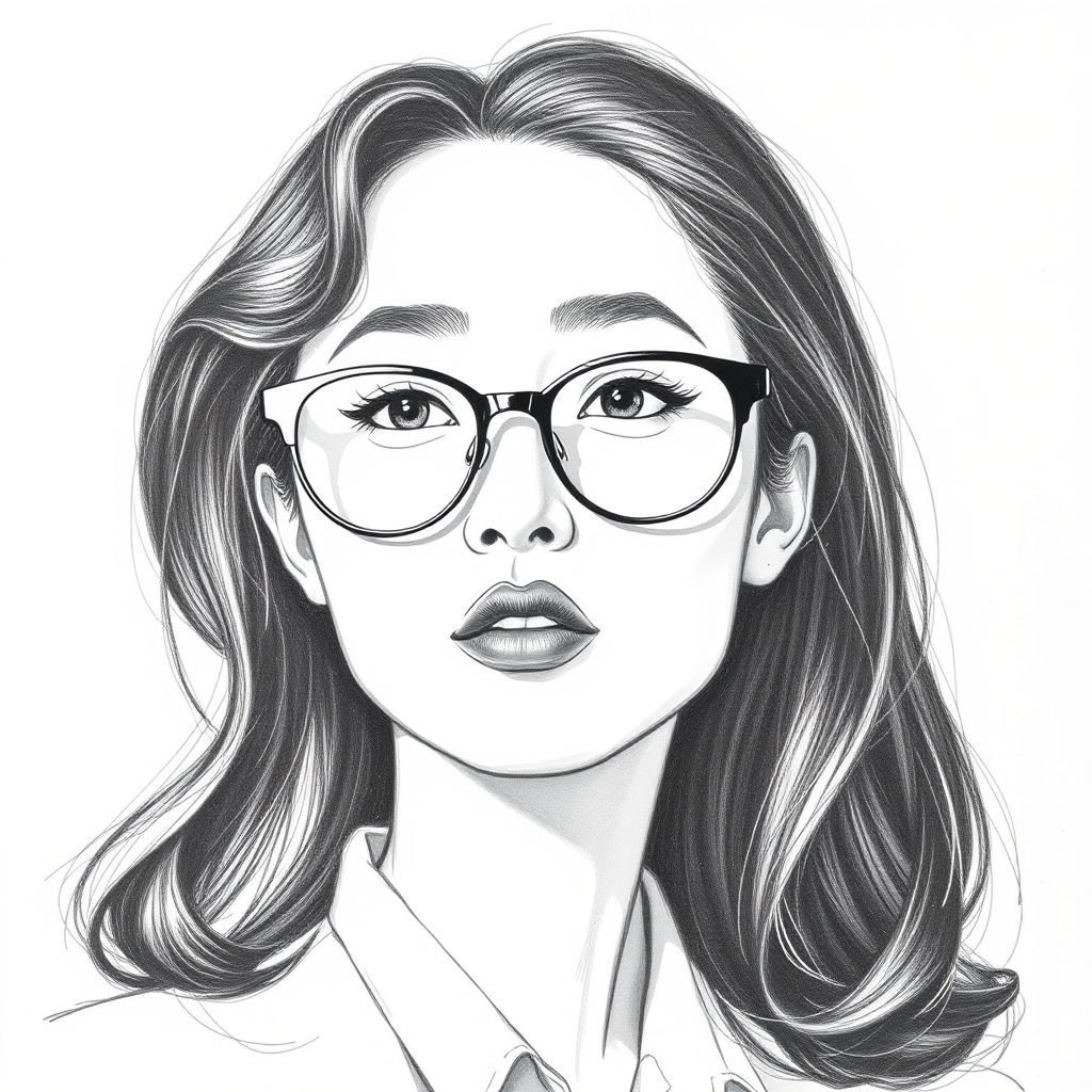 Beauteous Eleanore Matsuura, pencil sketch, portrait of Captivating woman 1944s in glasses, hair style beatnik, outline, clear lines, fine lines, 8k