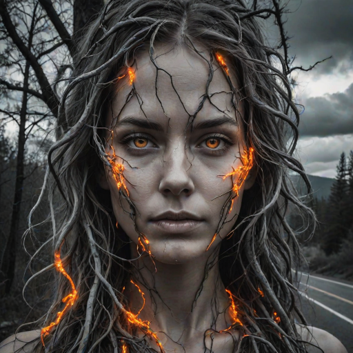 A surreal portrait of a woman's face merging with nature and a road. One half of her face is covered in glowing orange vines, tree roots, and dense forest vegetation. The other half is in grayscale, featuring storm clouds and a road that stretches into the horizon. Both of her eyes are highly expressive: one glowing amber and the other cool blue. The scene contrasts vibrant nature with a stormy, monochromatic landscape, with mountains in the background. The image is highly detailed, with dramatic lighting and texture, creating a mystical, harmonious balance between nature and humanity.