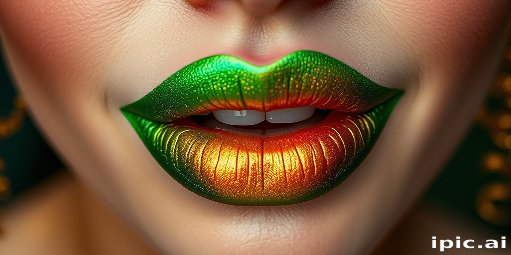 Multichrome green-gold-pink lips shift colors magically in the "Enchanted Forest" style, showcasing a unique tri-chrome effect that transforms from a deep emerald green to a warm gold and finally to a soft pink depending on the light and angle, creating a captivating and ever-changing lip look that's ideal for fantasy-themed makeup or high-fashion editorials