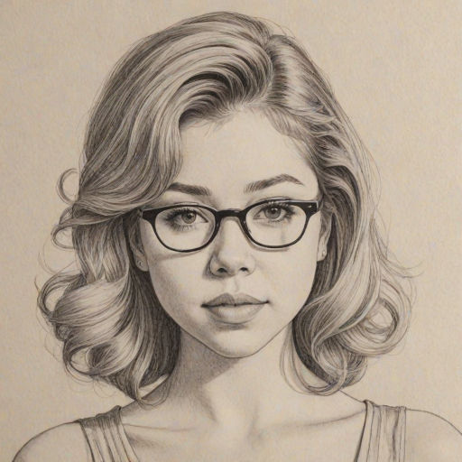 Alluring Jennette McCurdy, pencil sketch, portrait of Attractive woman 1944s in glasses, hair style beatnik, outline, clear lines, fine lines, 8k