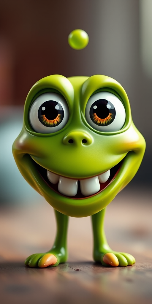 Create a vibrant and playful cartoon character of a green slime creature with large expressive eyes and a big toothy grin, shot in high resolution with a DSLR camera, f/2.8 aperture, 50mm lens, soft lighting, and a slight tilt-shift effect to emphasize the character against a blurred background.