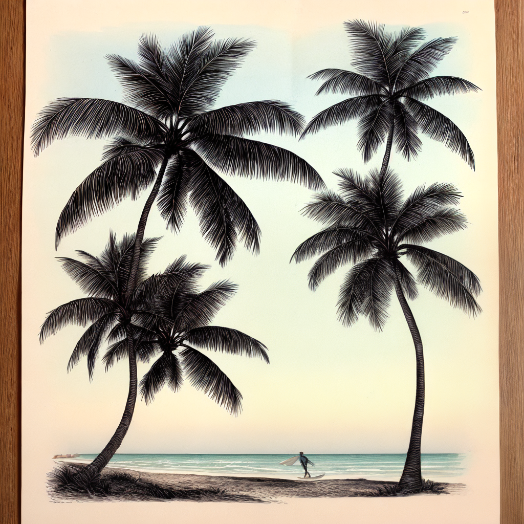 a very highly detailed line art illustration of beach surfer right next ...