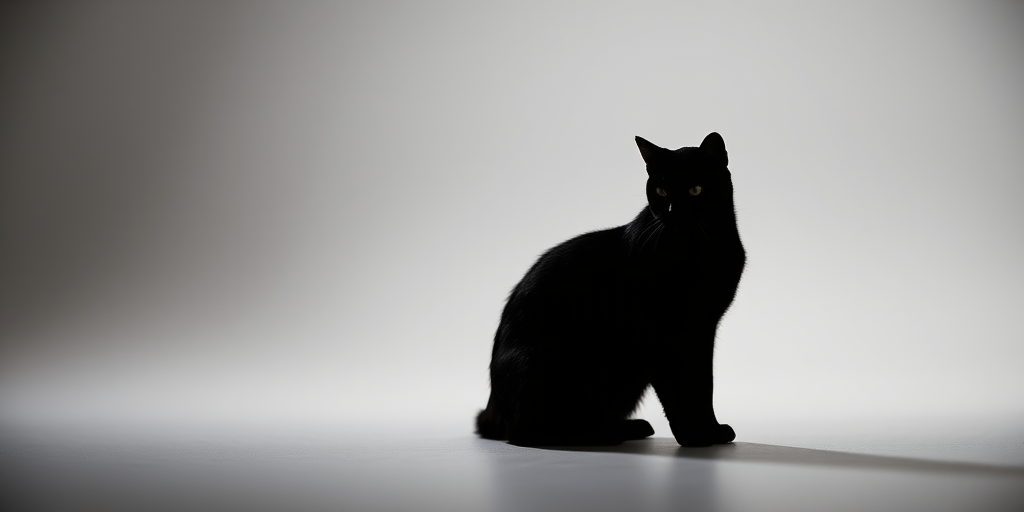 Generate a high-resolution image of a minimalist black silhouette of a cat sitting gracefully, captured with a 50mm lens at f/1.8, using a full-frame DSLR camera with a shallow depth of field, side lighting for dramatic effect, and a soft focus background for enhanced visual appeal.