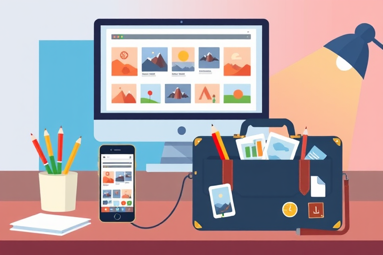 create a digital workspace illustration featuring a desktop computer displaying image thumbnails, a smartphone with photo galleries, a briefcase with imagery tools, pencils, and icons, in a flat design style, vibrant colors, well-lit with a 50mm lens at f/2.8, ISO 100, 1/100 sec shutter speed, shot from a slightly elevated angle to provide a clear view of the objects