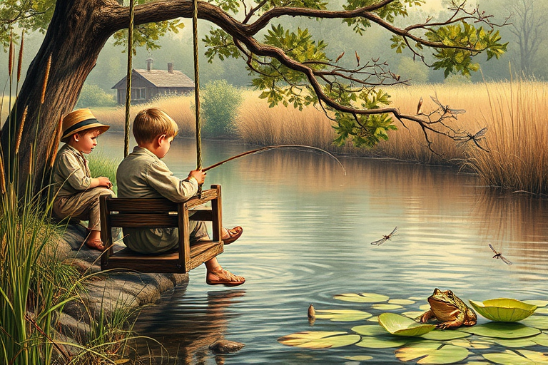 Imagine a small group of old fashioned young boys out fishing by the creek, a swing hanging from a tree branch, reeds and grasses by the water's edge, a frog sitting on a lily pad, dragonflies hovering over som water plans, a very iconic old fashioned scene reminiscent of a Norman Rockwell painting style