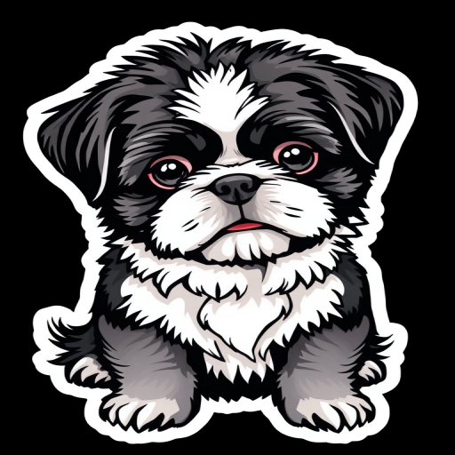 sticker, 3D black and white shih tzu, black background