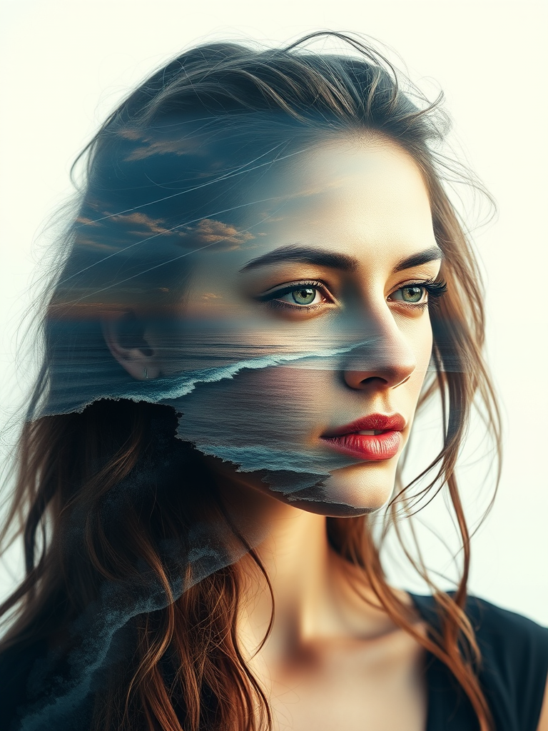this photo is Book cover, A surreal double exposure portrait that blends a woman's face with a beautiful seascape. The overall mood is dreamy and mystical, with rich colors and intricate details