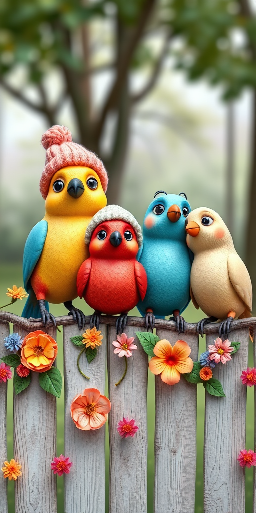 create a scene of 4 quirky  whimsical colourful comical birds each with a funny expression. they are sat on a wooden fence with colourful flowers. they are all different sizes. each one is a different colour  one is wearing a woolly hat. Each one has a different quirky google expression and there is a muted background of trees watercolour paintierly style high definition 8k resolution 3D paper mache