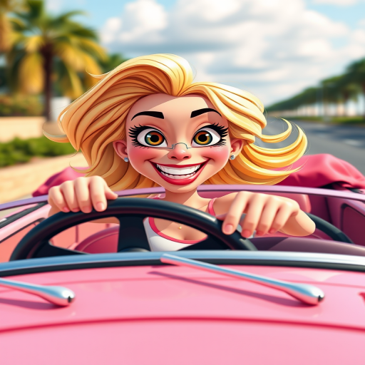 Create a vibrant cartoon image of a playful woman with blonde hair driving a pink convertible car, with exaggerated features and a whimsical expression, using a Canon EOS R5 camera, 50mm lens, f/1.8 aperture, 1/125s shutter speed, and ISO 200, in a front view perspective to capture the fun and energy of the scene.