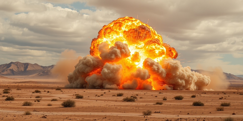 Capture a high-resolution image of a massive explosion in a desert landscape with dynamic clouds of smoke and fiery sparks, using a DSLR camera with a wide-angle lens, aperture set to f/8 for depth of field, ISO 400 for clarity, and a shutter speed of 1/500s to freeze the action, taken from a low-angle perspective to emphasize the scale and intensity.