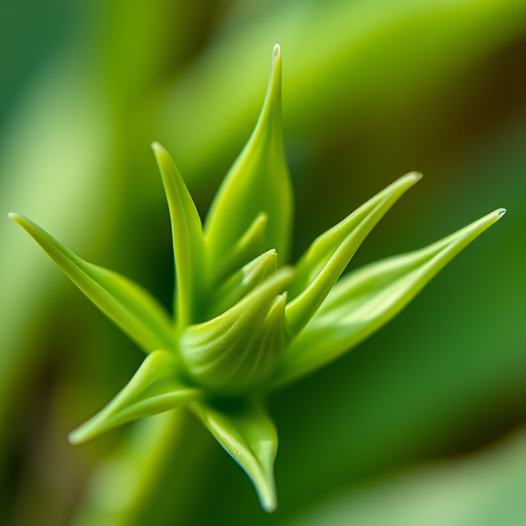 Close-up of a green plant emerging, with sharp, pointed leaves, taken with a DSLR camera at f/2.8 aperture, ISO 100, 50mm lens, natural lighting, shallow depth of field, macro photography style.