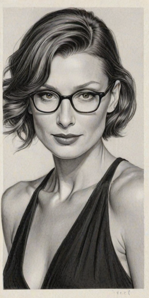 Elegant Bridget Moynahan, pencil sketch, portrait of Graceful woman 1928s in glasses, hair style beatnik, outline, clear lines, fine lines, 8k