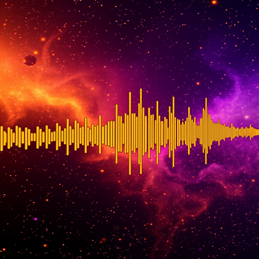 Create a high-resolution digital art of an audio waveform against a cosmic background with vibrant golden and purple hues, camera settings: ISO 100, aperture f/8, shutter speed 1/125s, camera view: wide angle, camera style: macro, camera type: DSLR.