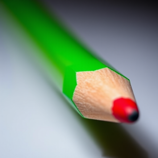 A vibrant green pencil with a red eraser and a sharpened tip, captured in high resolution with a Nikon D850, 50mm lens, f/2.8 aperture, ISO 100, soft diffused lighting, focus on the pencil with a blurred background to enhance visibility and detail.