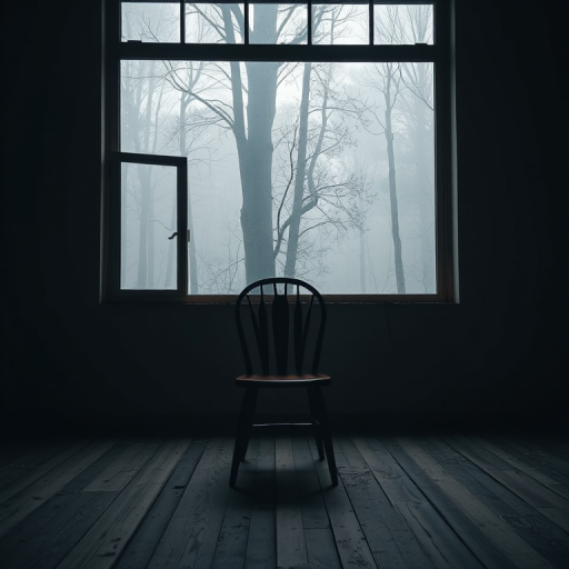 Capture a lonely wooden chair positioned in a dimly lit, abandoned room with a large window revealing a foggy forest outside, using a Canon EOS R5, 50mm lens, f/1.8, ISO 200, 1/60 sec, soft natural lighting, and a low angle view to emphasize depth and mood.
