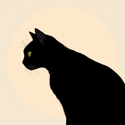 create an artistic illustration of a black cat in profile against a circular background, use a digital painting style with a soft-focus lens effect, set the camera to f/8 for depth of field, 50mm focal length, and a high-resolution format to enhance image quality