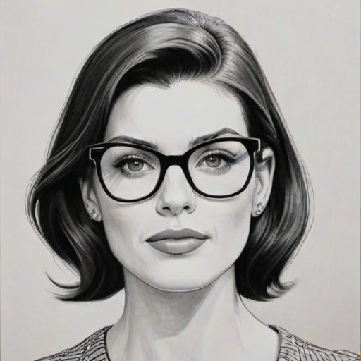 Delightful Jessica Pare, pencil sketch, portrait of Dazzling woman 1966s in glasses, hair style beatnik, outline, clear lines, fine lines, 8k