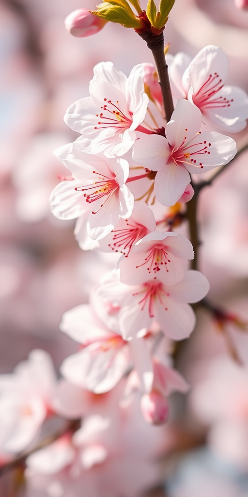 Close-up of cherry blossoms in soft focus, natural light, shallow depth of field, f/2.8, ISO 100, 50mm lens, DSLR camera, pastel colors with bokeh effect and subtle overlays, dreamy and ethereal aesthetic.